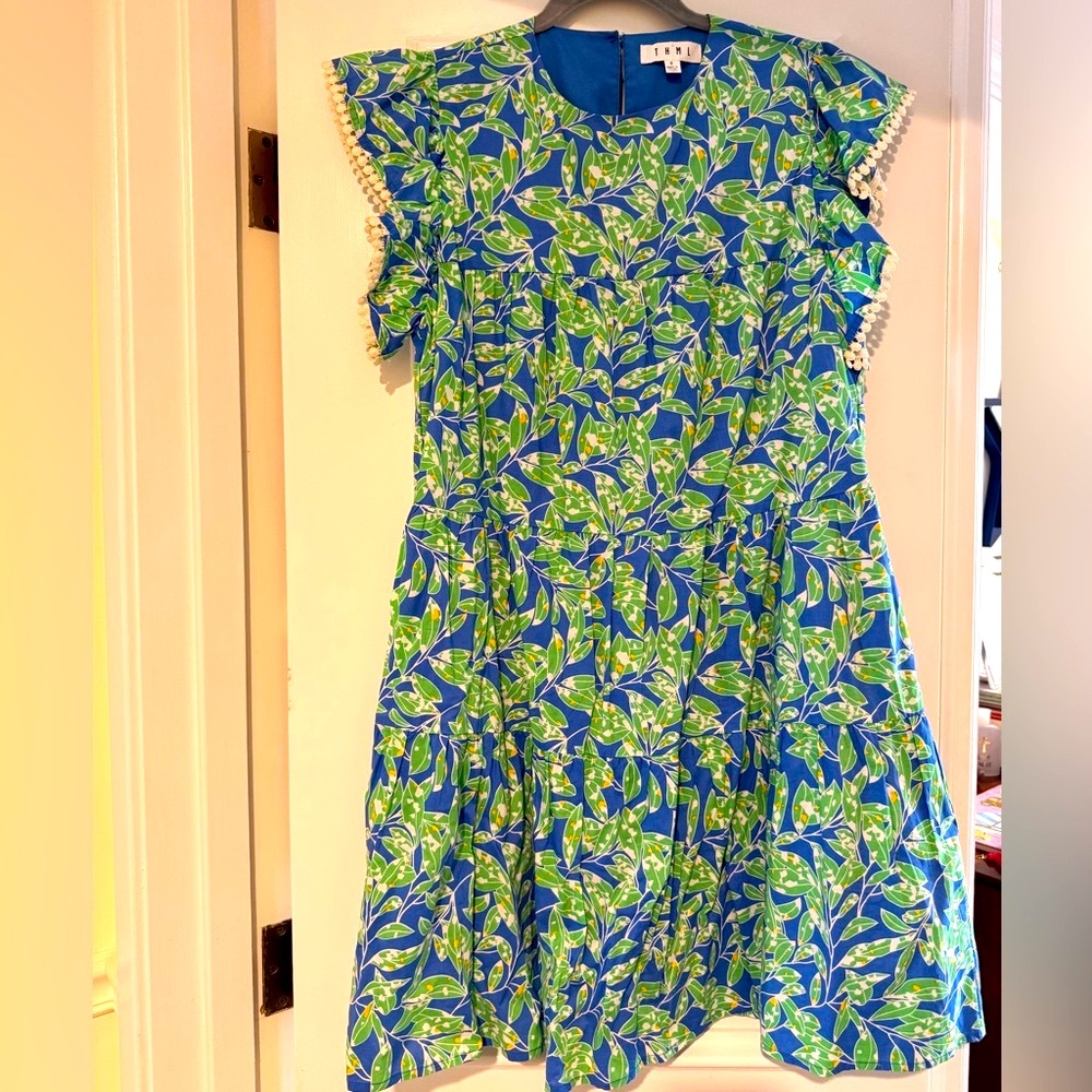 THML Blue and Green Leaf Print Women’s Mini Dress